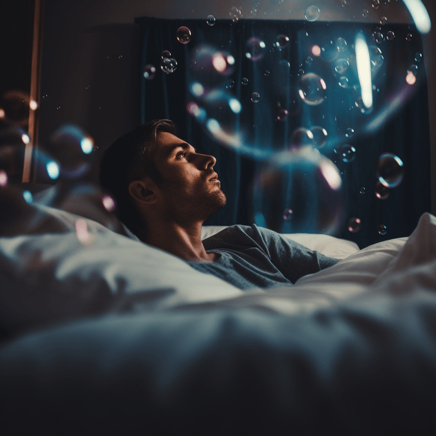 Man daydreaming in bubbles